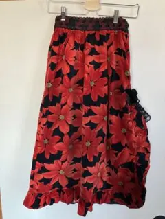 個性的 ビンテージ 古着 ベロア 大ぶり花柄 レース フリル 昭和レトロ レア