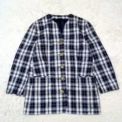 体型カバー⭐ノーカラージャケット チェック 紺 白 昭和レトロ 金ボタン