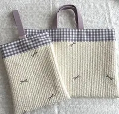 ♥︎ラスト1点♥︎ レッスンバック　シューズ袋セット　ヌビキルト　女の子　リボン刺繍
