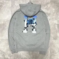 HUF パーカー グレー フーディー バックプリント 薔薇 ロゴ M