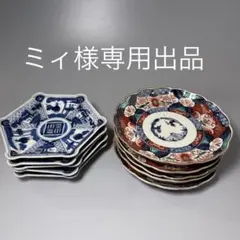 ミィ様専用　古伊万里　色絵うさぎ文様輪花形七寸皿　染付竹林賢人図六角皿　各五枚