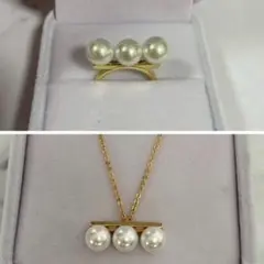 ３連バー パール 高見え ３連パール ゴールド リング&ネックレス