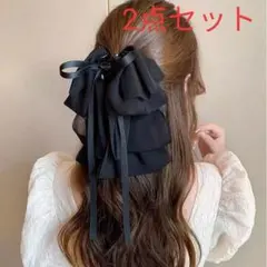 2点セット リボン　ブラック黒　ヘアクリップ　バンスクリップ　パール