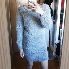 MIX シャギー　ふわふわ　ニットワンピ　ホワイト　グレー