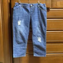 ダメージ加工 デニムパンツ クロップド丈 ウエストゴム