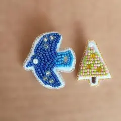 ビーズ ブローチセット 北欧青い鳥とツリー