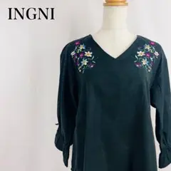 イング　花柄　刺繍　キャンディスリーブ　裾前後差　7分袖カットソー【4479】