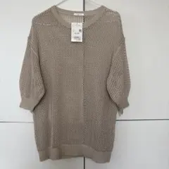 ベージュ メッシュニット 五分袖 トップス