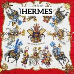 HERMES エルメス スカーフ カレ90 太陽王の祝典 シルク レッド ケース