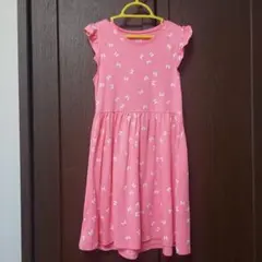 ピンク 蝶模様 フリル袖 半袖ワンピース