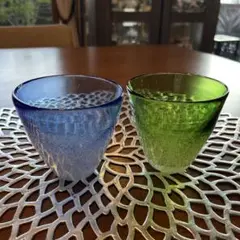 琉球グラスのぐい呑み　ブルー&グリーン２個セット