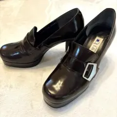 DIANA ダークブラウンバックル付きヒールローファーレザー厚底22.5cm