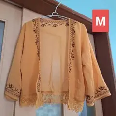' M　オレンジ 刺繍入り カーディガン レース付き