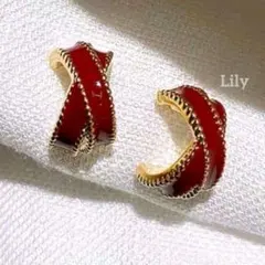 ✨ レトロ クロス 赤 ゴールド ピアス エレガント シンプル