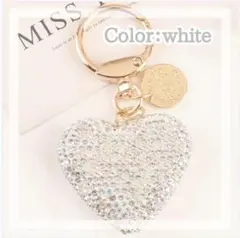 ハート キーホルダー キーリング ラインストーン キラキラ　白　ホワイト