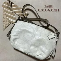 訳あり COACH コーチ レザー ショルダーバッグ 白 スカーフ シグネチャー
