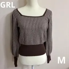 GRL 千鳥格子柄 スクエアネック バックリボンニットトップス