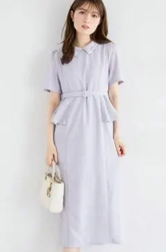 ベルト付きパールビジュー装飾ツイードペプラムワンピース　ブルー