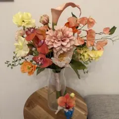 【お値下げ】アーティシャルフラワーブーケ＋ブートニア＋ヘアドレス　ピンクオレンジ