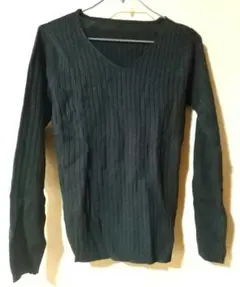 ブラック リブ編み 長袖セーター Vネック