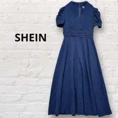 SHEIN ストライプ ロングワンピース ネイビー パフスリーブ フレア
