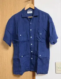 【良質リネン】半袖キューバシャツ　紺色　M　◆古着オールドヴィンテージのサムネイル