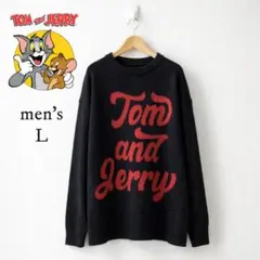 トムとジェリー ニット メンズL 黒 ビッグロゴ 古着 人気 バックロゴ
