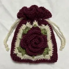 薔薇の巾着ポーチ ハンドメイド 編み物 ワインレッド
