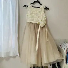 【キャサリンコテージ】フラワーモチーフドレス 140cm ベージュゴールド