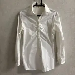 ホワイト 長袖 フロントギャザー シャツ