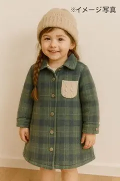 ボア裏地 緑チェックコート 100cm 冬用 花柄ボタン