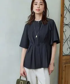 美品】SHIPS シップス ネックギャザーソリッドブラウス ネイビー 