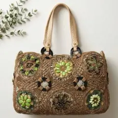 【美品】JAMIN PUECH ビーズ装飾 ハンドバッグ 刺繍 編み込み レザー