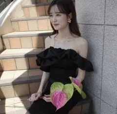 オフショルダー ソフトマーメイドドレス　ブラックW268BK