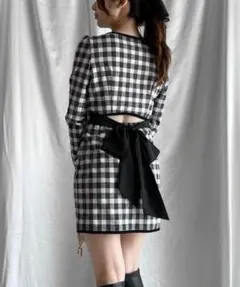 リボン付きチェック柄ワンピース