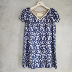 ステラシフォン　豪華カットワークレース♡リネンチュニック　ベージュ×ブルー36のサムネイル