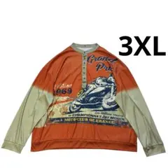 90s バイクレース 総柄 ヘンリーネック スウェット 3XL オレンジ カーキ