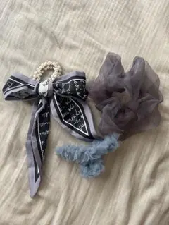 【ヘアアクセサリー3点セット】リボン パール フリル クリップ シュシュ