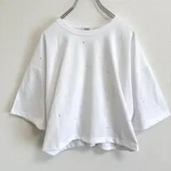 【ローリーズファーム】F 白 ラインストーン 五分袖 カットソー フレア