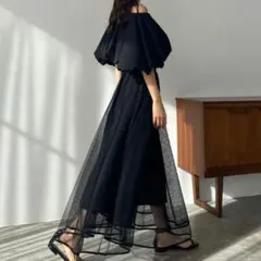 【ゆな様専用】Louere 裾パイピングチュールフレアスカート　黒