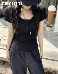 新品未使用⭐︎ SHEIN オフショルダー半袖　ラウンドネック黒Tシャツ　Lサイズのサムネイル