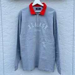美品 XLARGE ハーフジップ ラグビーシャツ 刺繍ロゴ グレー 赤 L相当