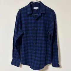 ブルーとブラックのチェック柄長袖シャツ　メンズ　Lサイズ