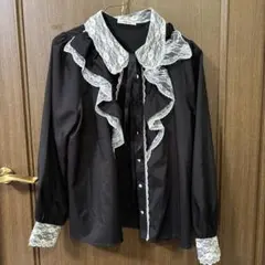 フリル付きレース襟 ブラックシャツ Mサイズ　リボン付き