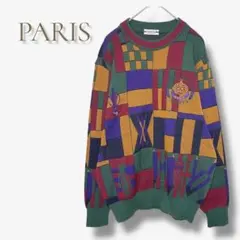 パリス 日本製 幾何学柄 個性派 古着 M セーター 派手色 レトロ ゴルフ