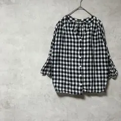 サマンサモスモス　大きいサイズ　ブラウス　七分袖　Vネック　ギンガムチェック　黒