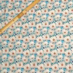 D75　3D立体プリント生地 花柄 白花背景水色 ポリコットン ハギレ 輸入生地