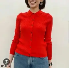 ユニクロ　エクストラファインメリノリブポロカーディガン　赤M