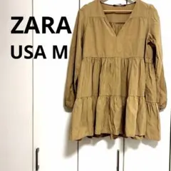 ZARA ティアード チュニック ミニワンピ キャメル M Vネック