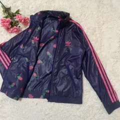 アディダス リバーシブルナイロンジャンパー　ネイビーパープル　花柄　ライン　S